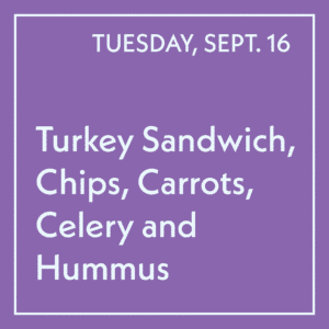September 16 Lunch - Turkey Sandwich, Chips, Carrots, Celery and Hummus